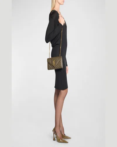 Saint Laurent Envelope Triquilt Small Ysl Shoulder Bag In Smooth Leather In Light Musk