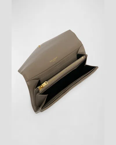Saint Laurent Ysl Monogram Large Envelope Flap Wallet In Smooth Leather In Greyish Brown