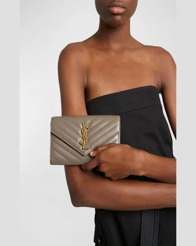 Saint Laurent Ysl Monogram Large Envelope Flap Wallet In Smooth Leather In Greyish Brown