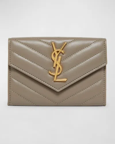 Saint Laurent Ysl Monogram Small Flap Wallet In Smooth Leather In Greyish Brown