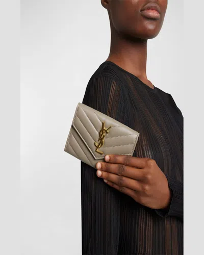 Saint Laurent Ysl Monogram Small Flap Wallet In Smooth Leather In Greyish Brown