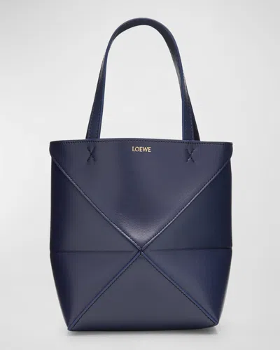 Loewe Puzzle Fold Mini Tote Bag In Shiny Leather In Abyss Blue
