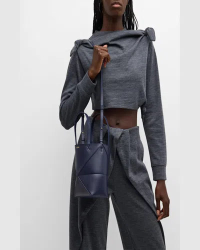Loewe Puzzle Fold Mini Tote Bag In Shiny Leather In Abyss Blue