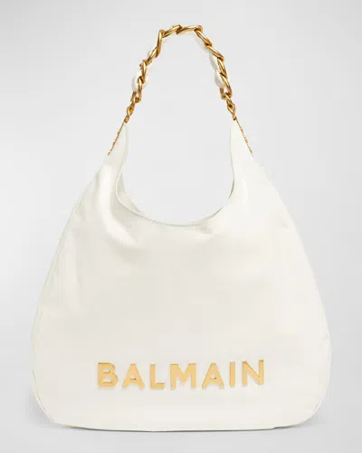 Balmain 1945 Soft Hobo Bag In Embossed Crinkled Calfskin With A Pb Labyrinth Monogram In Creme