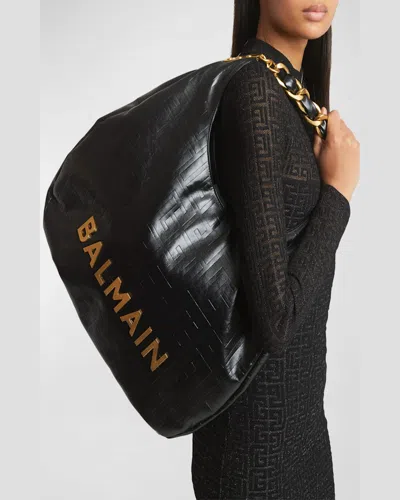 Balmain 1945 Soft Hobo Bag In Embossed Crinkled Calfskin With A Pb Labyrinth Monogram In Creme