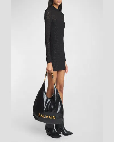 Balmain 1945 Soft Hobo Bag In Embossed Crinkled Calfskin With A Pb Labyrinth Monogram In Creme