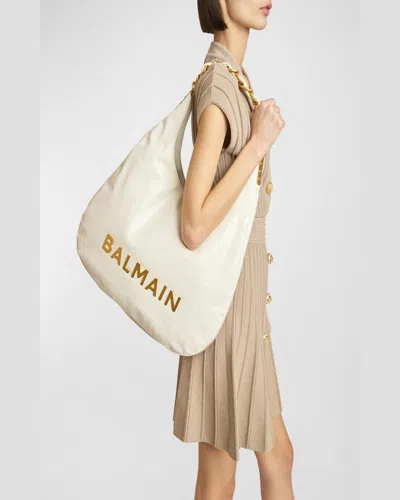 Balmain 1945 Soft Hobo Bag In Embossed Crinkled Calfskin With A Pb Labyrinth Monogram In Creme