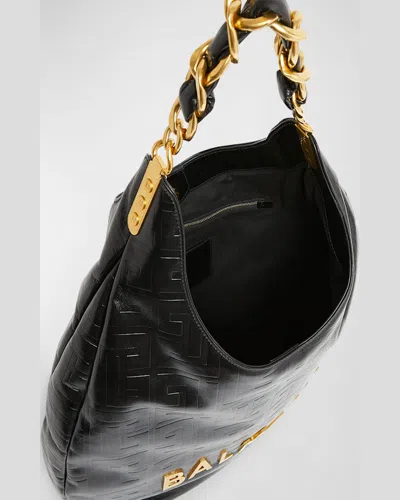 Balmain 1945 Soft Hobo Bag In Embossed Crinkled Calfskin With A Pb Labyrinth Monogram In Creme