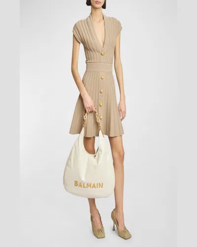 Balmain 1945 Soft Hobo Bag In Embossed Crinkled Calfskin With A Pb Labyrinth Monogram In Creme