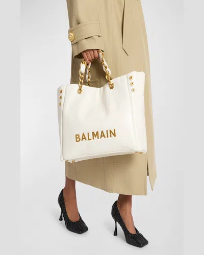Balmain Small Crinkled Leather Tote Bag With Eyelet Embellishments In Creme