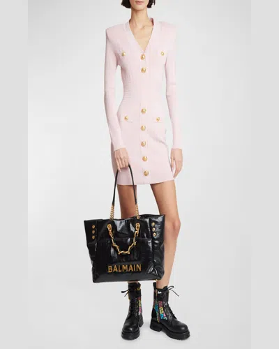 Balmain Small Crinkled Leather Tote Bag With Eyelet Embellishments In Creme