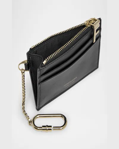 Ferragamo Hot Stamp Zip Leather Card Holder In Black