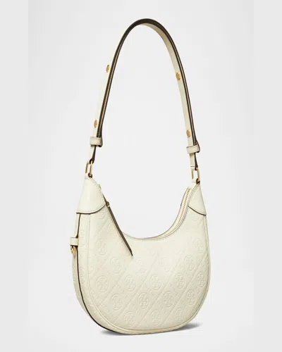 Tory Burch T-monogram Embossed Crescent Shoulder Bag In Light Cream