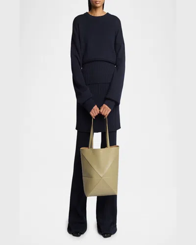 Loewe Puzzle Fold Mini Tote Bag In Shiny Leather In Eucalyptus Green