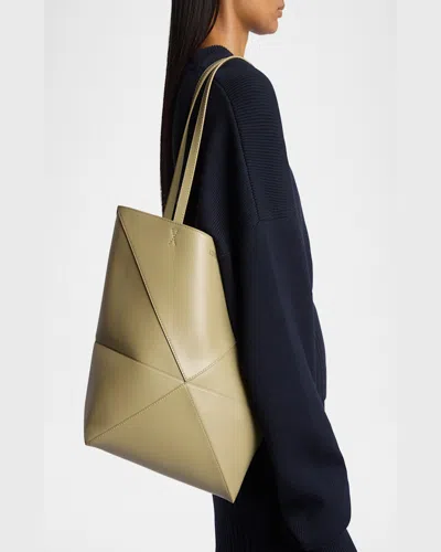 Loewe Puzzle Fold Mini Tote Bag In Shiny Leather In Eucalyptus Green