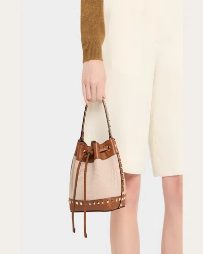 Valentino Garavani Rockstud Spike Canvas And Leather Shoulder Bag In Brown
