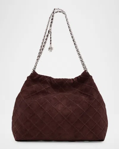Tory Burch Fleming Quilted Suede Chain Hobo Bag In Licorice