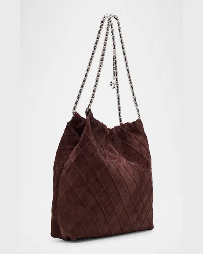 Tory Burch Fleming Quilted Suede Chain Hobo Bag In Licorice