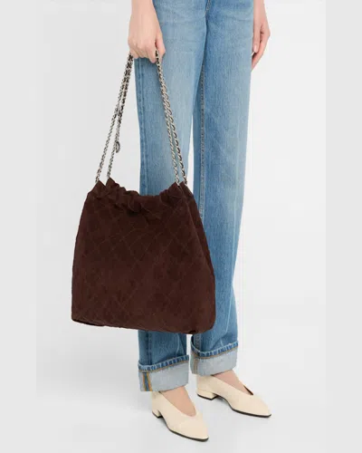 Tory Burch Fleming Quilted Suede Chain Hobo Bag In Licorice