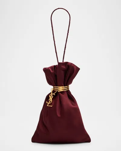 Saint Laurent Ysl Evening Pouch In Satin With Cord Strap In Griotte Bordeaux