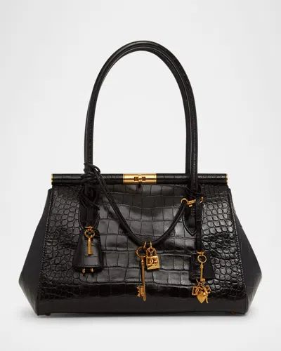 Dolce & Gabbana Marlene Charm Croc-embossed Leather Shoulder Bag In Nero