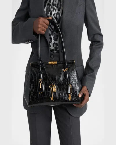 Dolce & Gabbana Marlene Charm Croc-embossed Leather Shoulder Bag In Nero