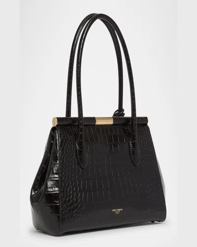 Dolce & Gabbana Marlene Charm Croc-embossed Leather Shoulder Bag In Nero