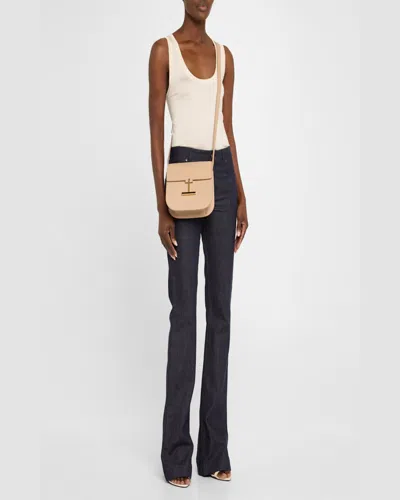 Tom Ford Tara Mini Crossbody In Grained Leather With Leather Strap In Light Beige