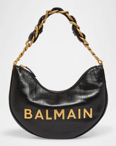 Balmain 1945 Soft Moon Bag In Crinkled Calfskin Leather Embossed With A Pb Labyrinth Monogram In Noir