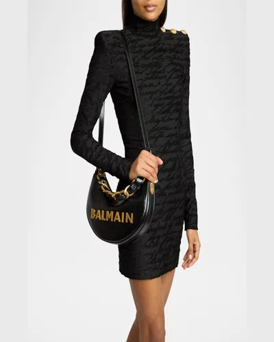 Balmain 1945 Soft Moon Bag In Crinkled Calfskin Leather Embossed With A Pb Labyrinth Monogram In Noir