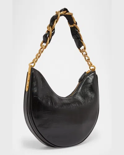 Balmain 1945 Soft Moon Bag In Crinkled Calfskin Leather Embossed With A Pb Labyrinth Monogram In Noir