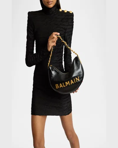 Balmain 1945 Soft Moon Bag In Crinkled Calfskin Leather Embossed With A Pb Labyrinth Monogram In Noir