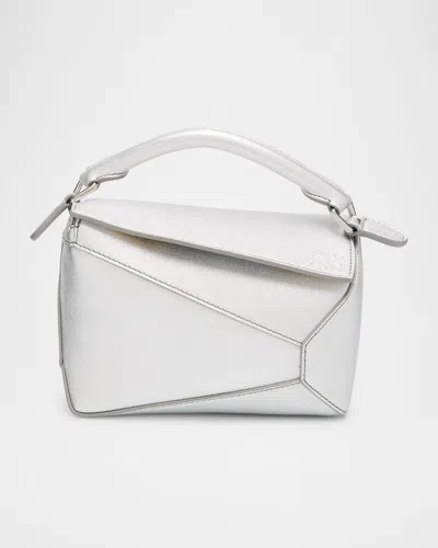 Loewe Puzzle Edge Mini Top-handle Bag In Metallic Leather In Silver