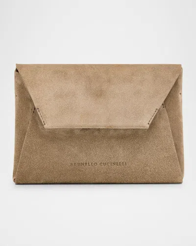 Brunello Cucinelli Envelope Flap Suede Wallet On Chain In Beige