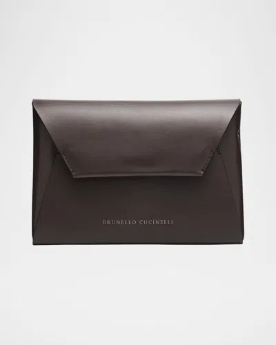 Brunello Cucinelli Envelope Flap Leather Clutch Bag In Brown