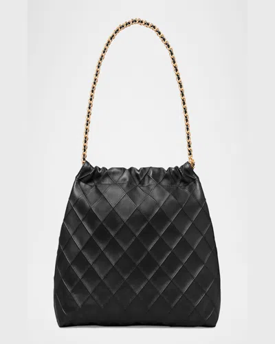 Tory Burch Fleming Hobo Shoulder Bag In Black Leather  In Black