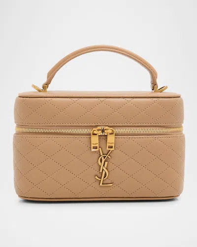 Saint Laurent Gabby Mini Vanity Case In Quilted Leather With Gold Hardware In Dark Toffee