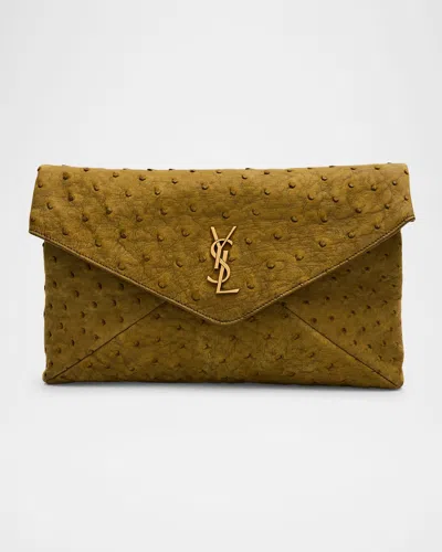 Saint Laurent Large Ysl Envelope Clutch Bag In Ostrich Nubuck In Moss Green