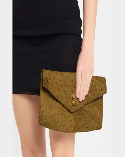 Saint Laurent Large Ysl Envelope Clutch Bag In Ostrich Nubuck In Moss Green