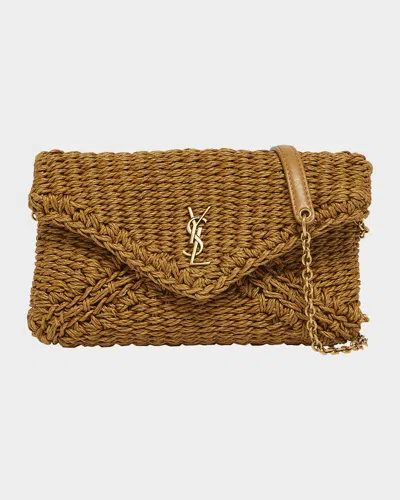 Saint Laurent Cassandre Small Ysl Pouch Clutch Bag In Raffia In Light Brown