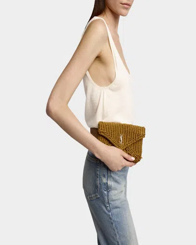 Saint Laurent Cassandre Small Ysl Pouch Clutch Bag In Raffia In Light Brown