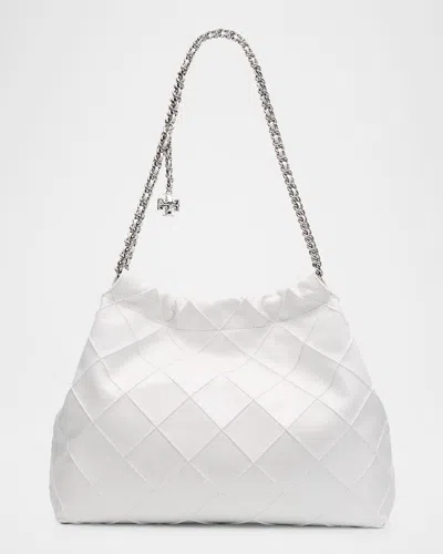 Tory Burch Fleming Distressed Quilted Leather Hobo Bag In Blanc
