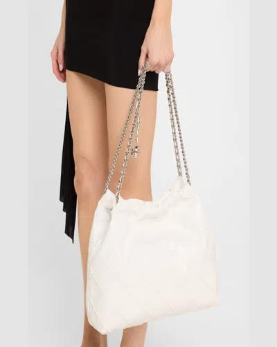 Tory Burch Fleming Distressed Quilted Leather Hobo Bag In Blanc