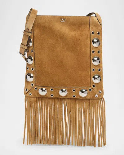 Valentino Nellcote Fringe Studded Suede Crossbody Bag In Havana Beige