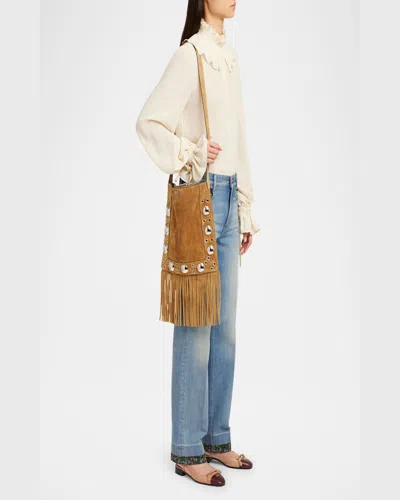 Valentino Nellcote Fringe Studded Suede Crossbody Bag In Havana Beige