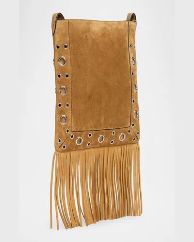 Valentino Nellcote Fringe Studded Suede Crossbody Bag In Havana Beige