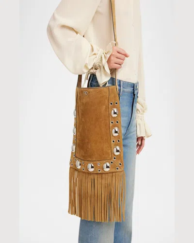 Valentino Nellcote Fringe Studded Suede Crossbody Bag In Havana Beige