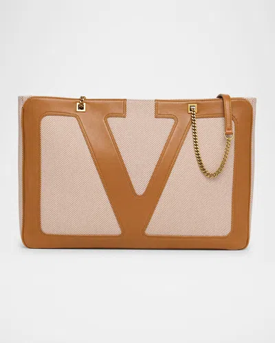 Valentino Large Canvas And Leather Viva Superstar Tote Bag In Brown