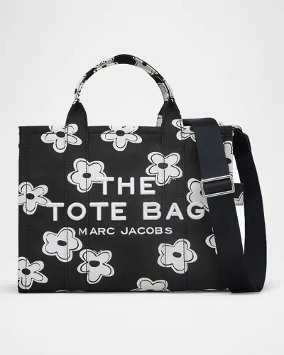 Marc Jacobs Small Canvas Tote Bag With Floral Pattern In Blackwhite