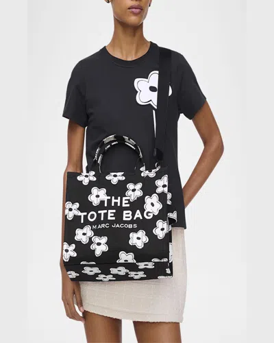 Marc Jacobs Small Canvas Tote Bag With Floral Pattern In Blackwhite